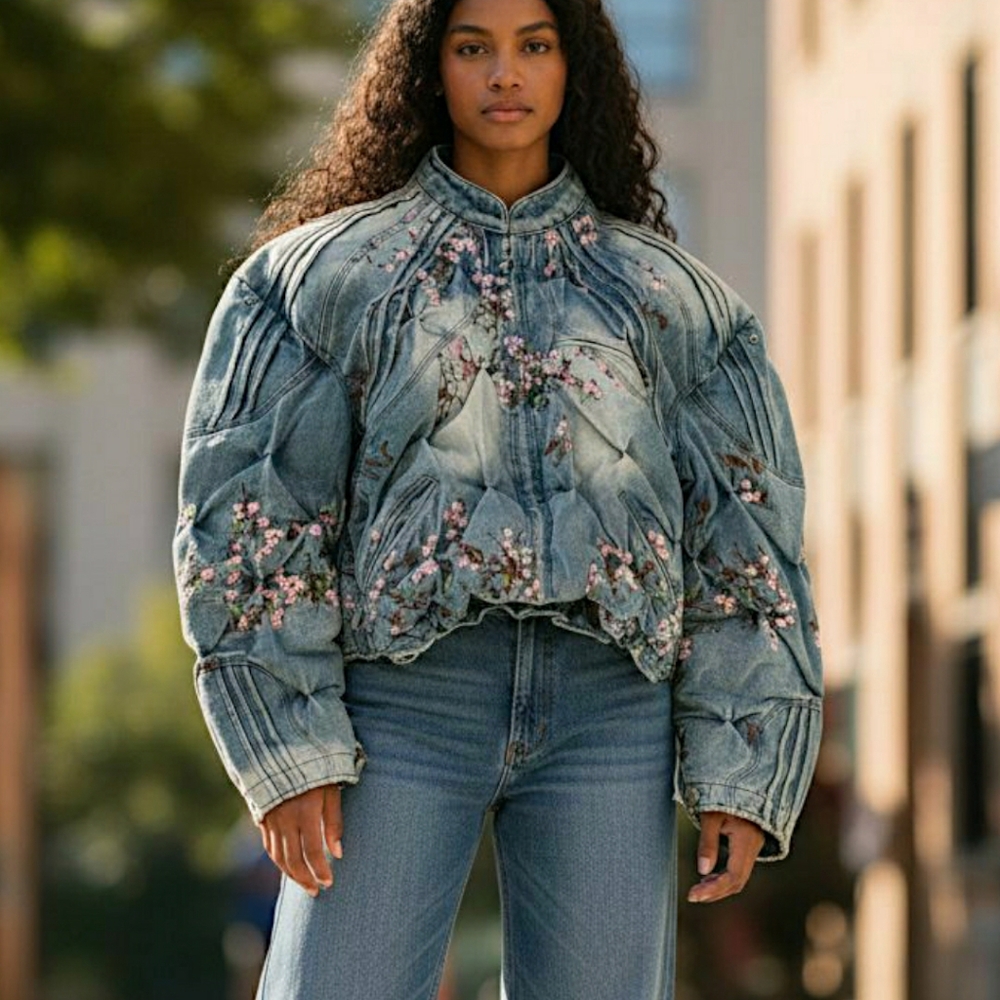 CHERRY BLOSSOM DENIM RACER JACKET BY BAD SON Medium UNISEX OVERSIZED COAT - Picture 3 of 10